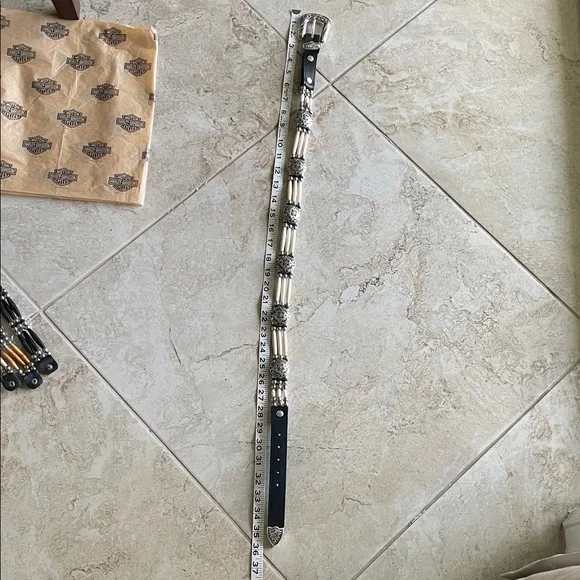 Concho Real leather Western Style Black Cream Belt Silver faux bone festival - Picture 9 of 16